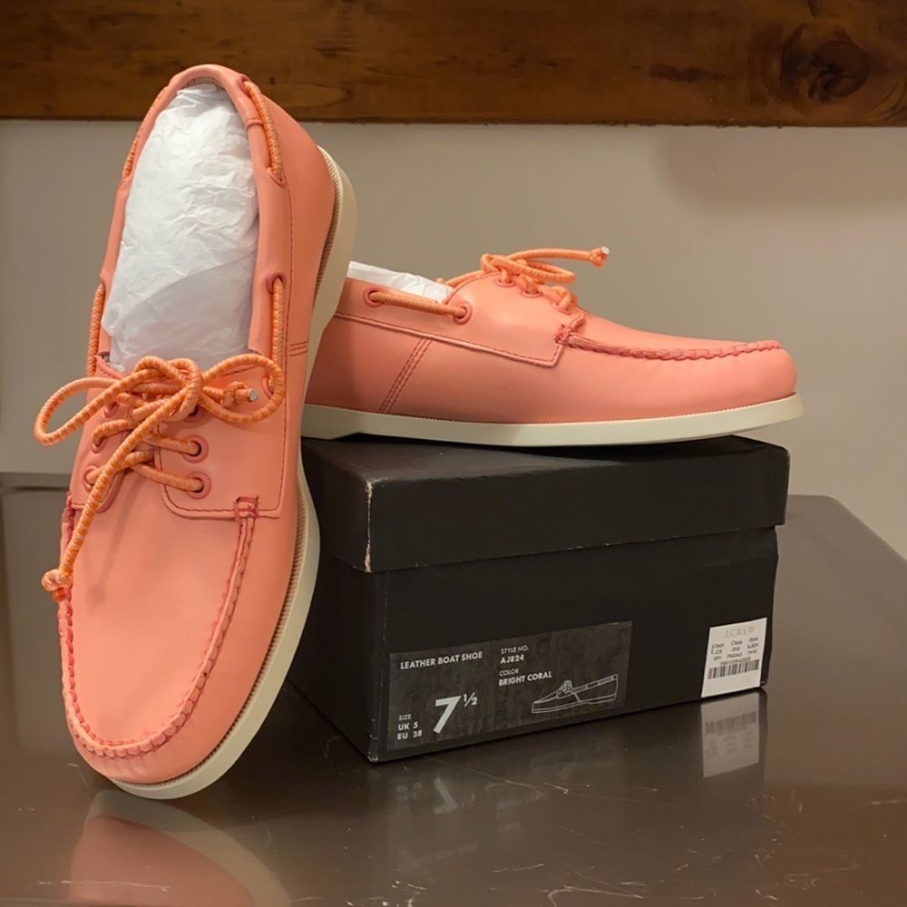 J CREW “Bright Coral” Leather Boat Shoes